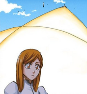 Orihime shields herself from the conflict between Ulquiorra and Grimmjow with Santen Kesshun.