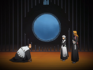 Hitsugaya and Rangiku stand near the cell Hinamori broke out of.