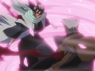 Kariya's tornado and Byakuya's Senbonzakura combine around them.