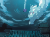 Hitsugaya freezes and shatters part of Dalk with an ice dragon.