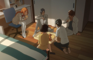 Orihime eats bread with her friends, Yuki, and Shino Madarame.