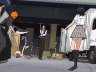 Ichigo, Rukia Kuchiki, and Uryū confront Utagawa.