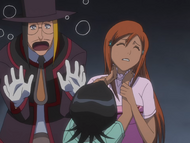 Rukia hoists Orihime into the air by her collar after being possessed by Ritz.