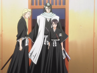 Izuru and Hinamori are startled by Byakuya Kuchiki.