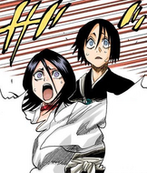 Rukia moves in front of Hanatarō in an attempt to protect him from Byakuya.