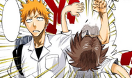 Ichigo clotheslines Keigo while greeting him.