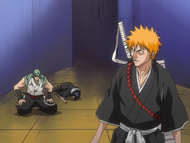 Ichigo notices Ganju and Hanatarō being overwhelmed by the Reiatsu.