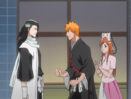 Orihime stops Ichigo from arguing with Byakuya.