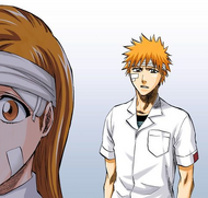 Ichigo hesitantly approaches Orihime from behind.