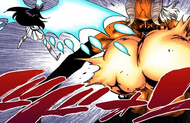 Bambietta attacks Komamura's Bankai.