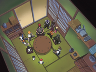 Ichigo sits around a table in the Urahara Shop with his friends and the Mod-Souls.