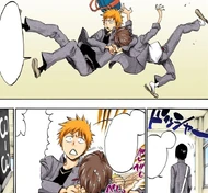 Mizuiro walks away from Ichigo as the latter clotheslines Keigo.