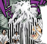 Sado, Uryū, and Ganju are startled when a hole is busted in the ceiling.