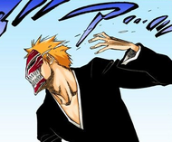 Ichigo fixes his cracked mask with his hand.