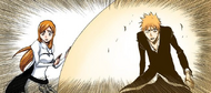 Orihime heals Ichigo as they watch Kenpachi Zaraki battle.