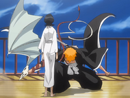 Ichigo lands in front of Rukia.