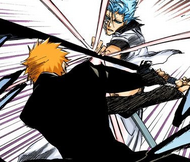 Ichigo intercepts Grimmjow's Cero with his sword.