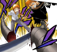 Ichigo Kurosaki cuts through the Millipede-like Hollow's tentacle.