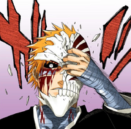 Ichigo grabs Zangetsu's still-forming mask on his face.