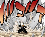 Zangetsu destroys the Bakudō #75. Gochūtekkan pillars pinning him down.