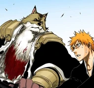 Sajin Komamura stops Ichigo from losing his composure against Aizen.
