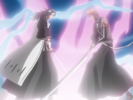 Byakuya and Ichigo explosively battle.