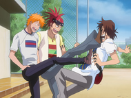 Ichigo and Renji kick Keigo out of annoyance.