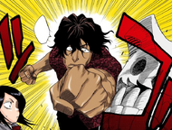 Sado punches Shrieker in the face, freeing Rukia from his grasp.