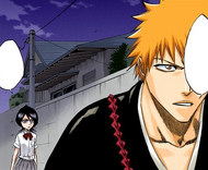 Rukia finds Ichigo facing off against Di Roy.