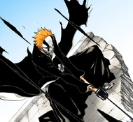 Ichigo stands after deeply wounding Aizen with a mask-enhanced Getsuga Tenshō.