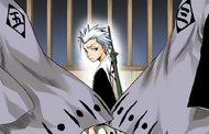 Hitsugaya watches as Gin and Aizen leave after a cryptic exchange.