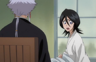 Rukia asks Isane where Ichigo is.