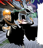 Ichigo drags Don Kanonji away from the Demi-Hollow.