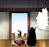 Izuru leaves with his captain, Gin Ichimaru, after the latter promises to get medical attention for Renji.
