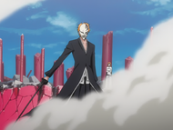 Ichigo protects Orihime from Grimmjow's Gran Rey Cero by donning his Hollow mask.