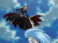 Ichigo catches a falling Grimmjow.
