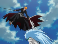 Ichigo catches a defeated Grimmjow.