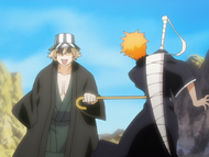 Urahara jabs an overeager Ichigo in the side.