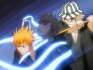 Urahara pushes Ichigo's Soul out of his body.