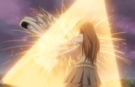 Orihime shields herself from Muramasa's attack.