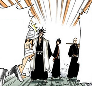 Yumichika, Kenpachi, and Ikkaku enter the underground relief cell.