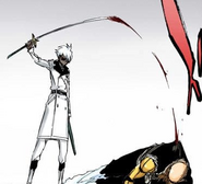 Hitsugaya pulls his sword out of a wounded Ikkaku.