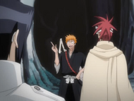 Renji listens as Ichigo assumes Rukia was flung a great distance away due to her light weight.