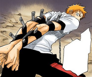 Ichigo Kurosaki's arms are bound by Tessai using Bakudō #99, Part 1. Kin.