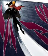 Ichigo grabs the blade of the sword in his abdomen, causing it to turn black.