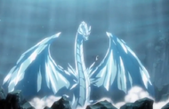 Hyōrinmaru stands over Hitsugaya in his ice dragon form.