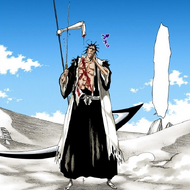 Kenpachi holds Nnoitra's severed arm on his Zanpakutō.