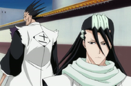 Kenpachi and Byakuya taunt each other about needing help.