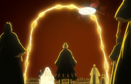 Byakuya and the others watch as Urahara begins preparing his gate.
