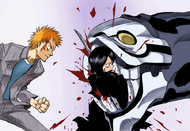 Rukia protects Ichigo from Fishbone D's attack with her body.